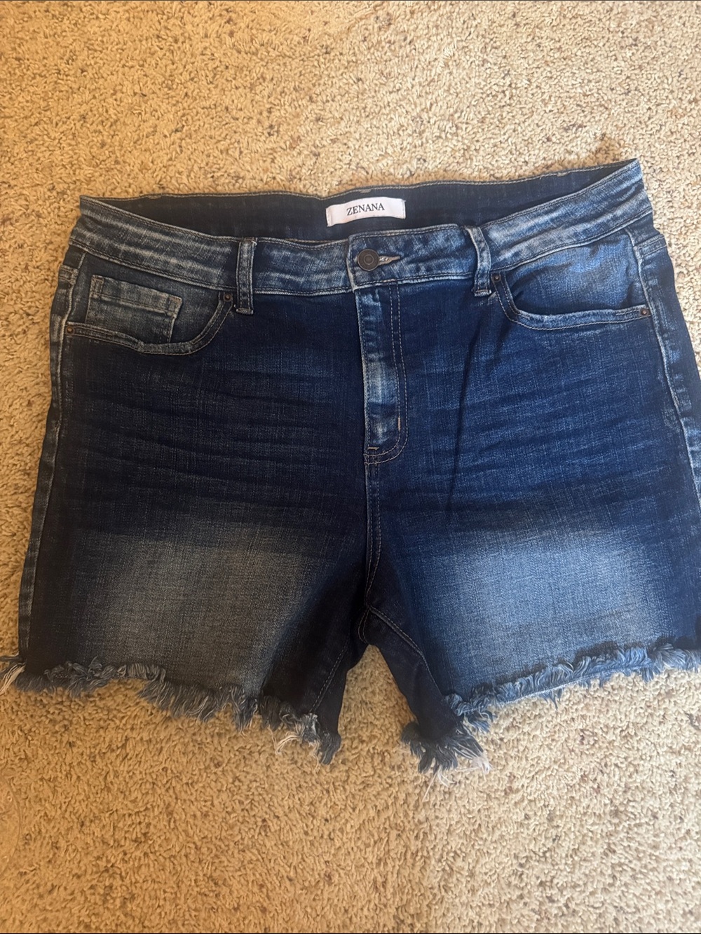 ZENANA Dark Wash Frayed Hem Denim Shorts - Blue
